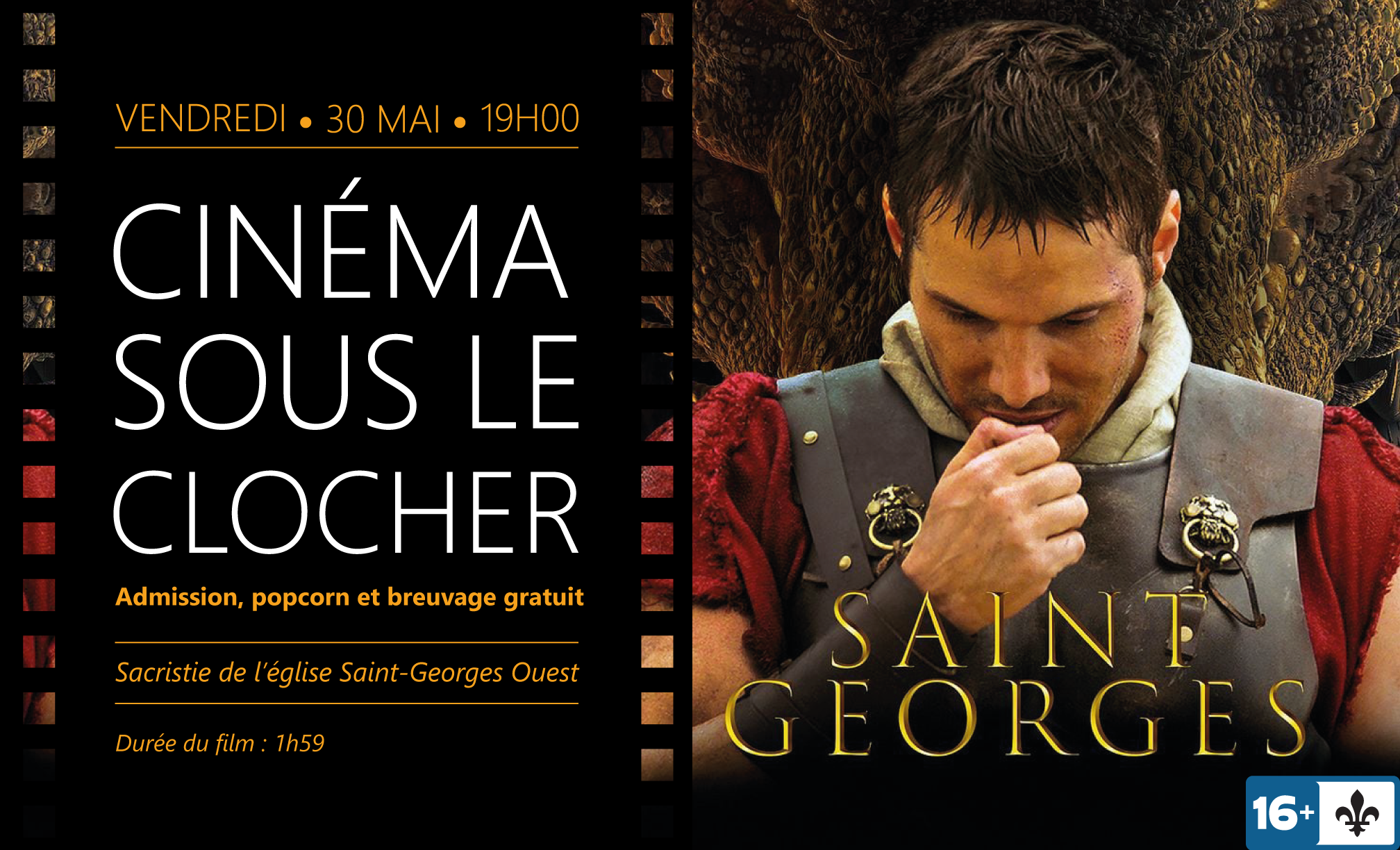 CINÉMA SOUS LE CLOCHER 30 mai, 19h sacristie de l'église Saint-Georges.