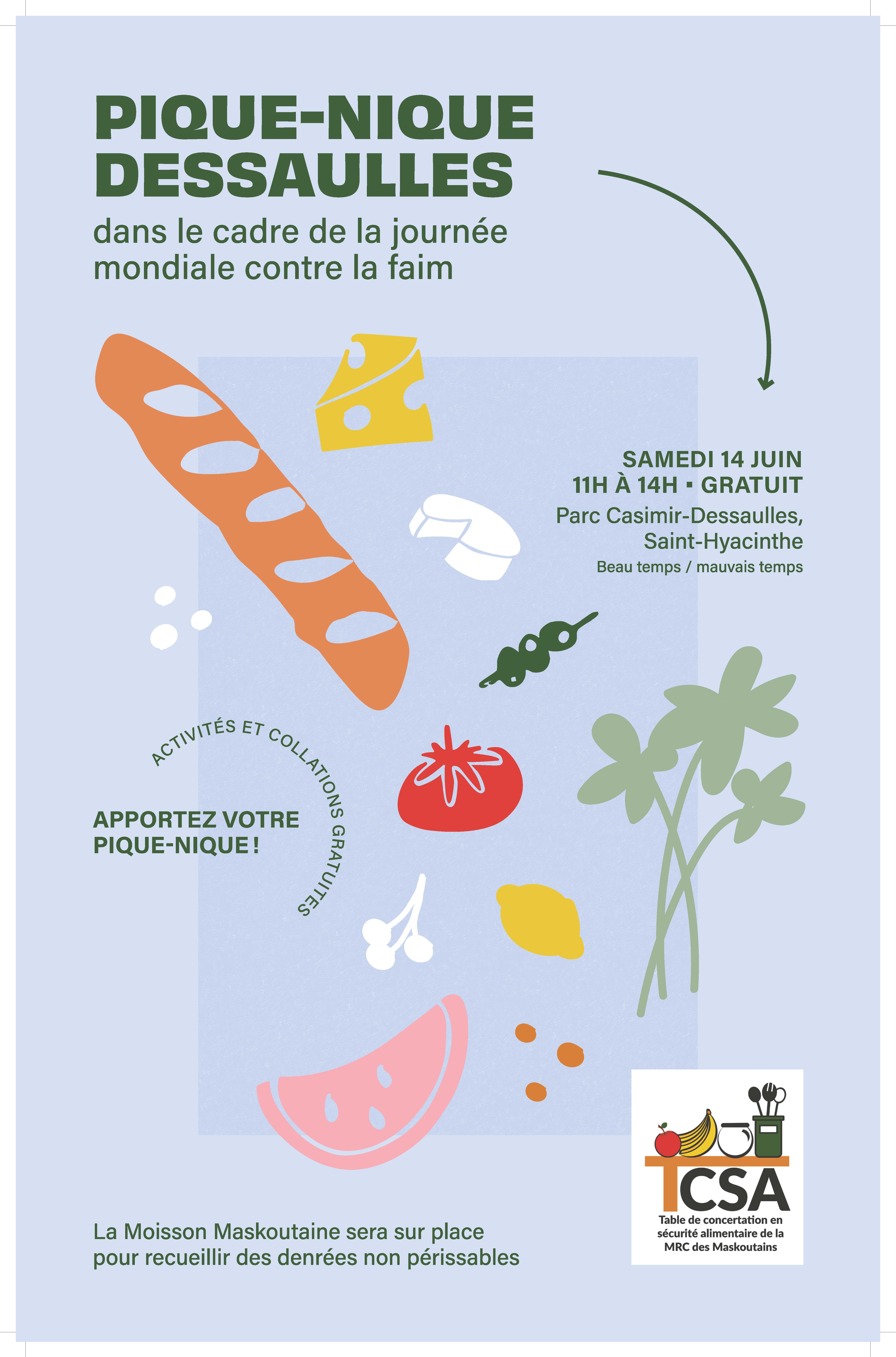Pique-Nique Dessaulles - dans le cadre de la journée mondiale contre la faim - Samedi 14 juin - 11h à 14h - GRATUIT - Parc Casimir-Dessaulles, Saint-Hyacinthe - Beau temps Mauvais temps 