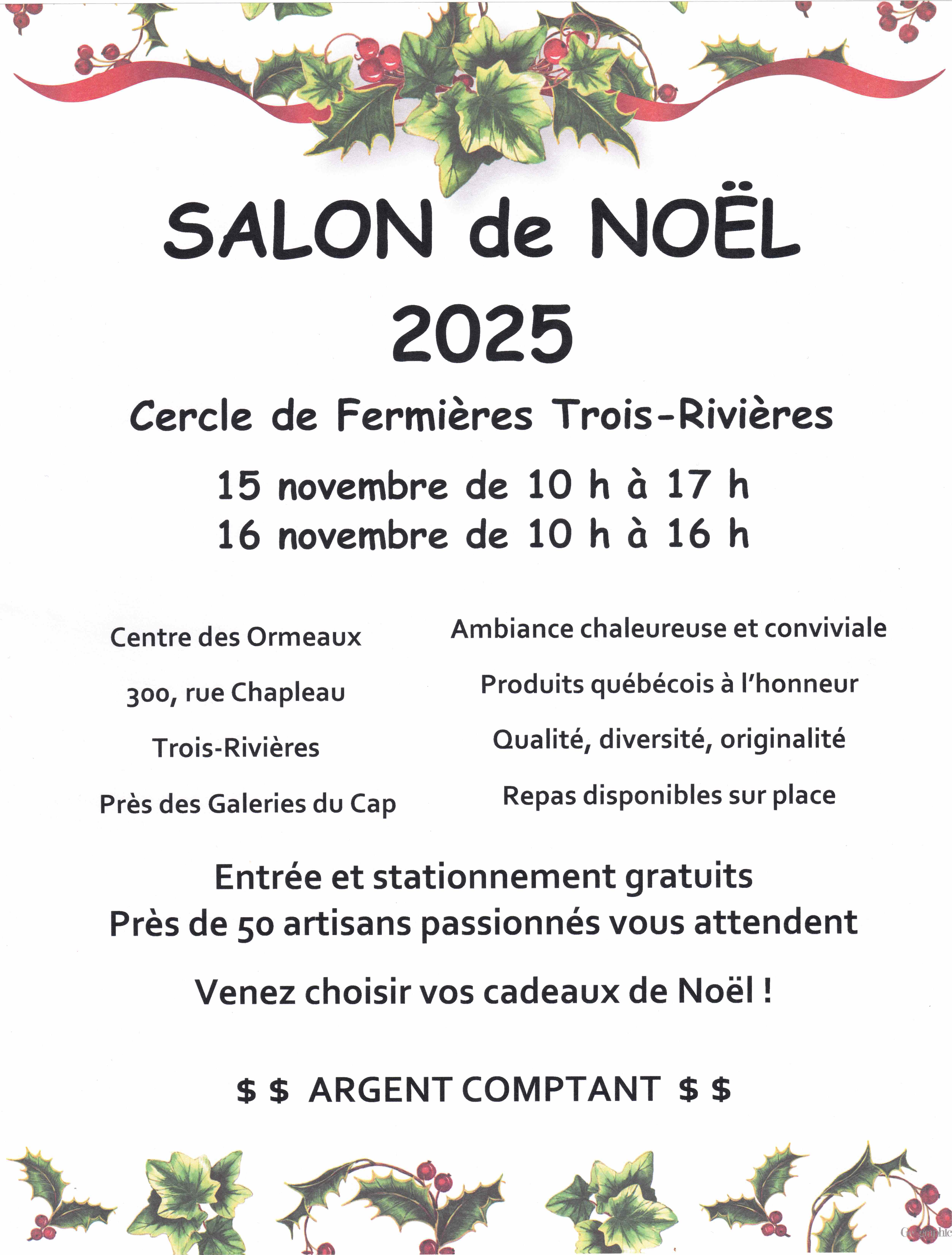 Affiche du Salon de Noël  du Cercle de Fermière Trois-Rivières