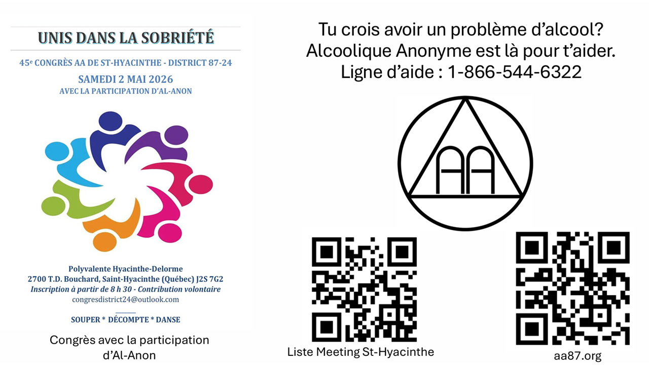 Congrès Alcooliques Anonymes de Saint-Hyacinthe 2 Mai 2026