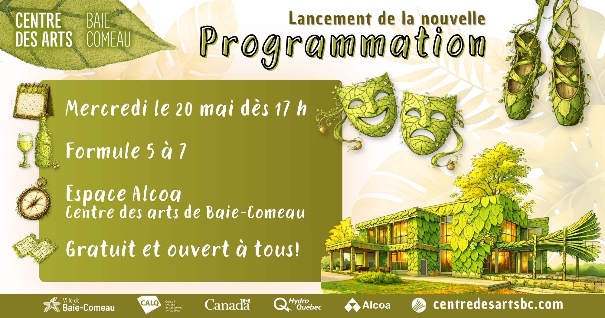 Invitation au lancement de saison Automne 2026 du Centre des arts de Baie-Comeau, le 20 mai à 17h00